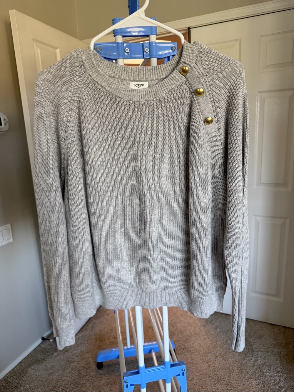 J. Crew Light Gray Crewneck Sweater with Gold Shoulder Buttons